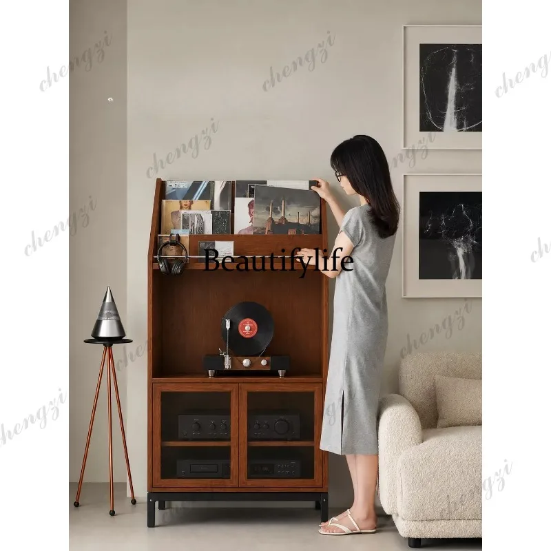 Medieval retro vinyl record storage cabinet, record player cabinet, power amplifier, stereo, storage rack