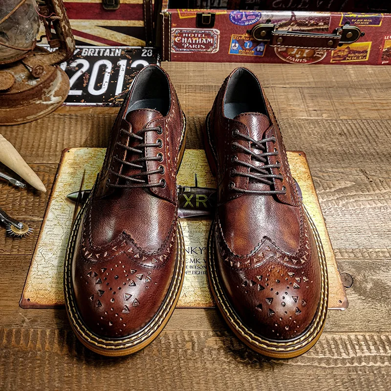 Classical Brown Carved Wing Tips Brogue Shoes Men\'s Genuine Leather British Style Retro Trend Cowhide Casual Oxfords