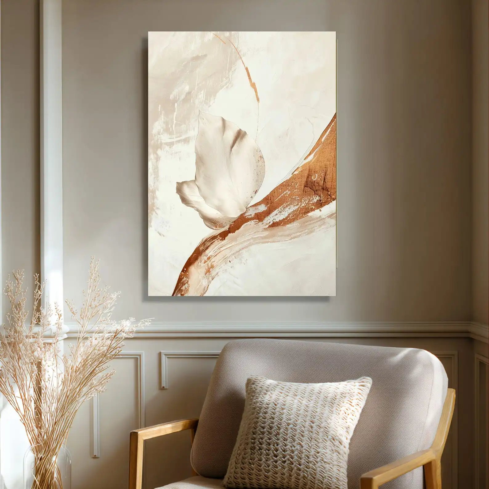 Mhemyo Elegant Neutral Original Abstract Canvas Minimalist Floral Wall Art Beige Copper Brush Strokes Modern Home Decoration