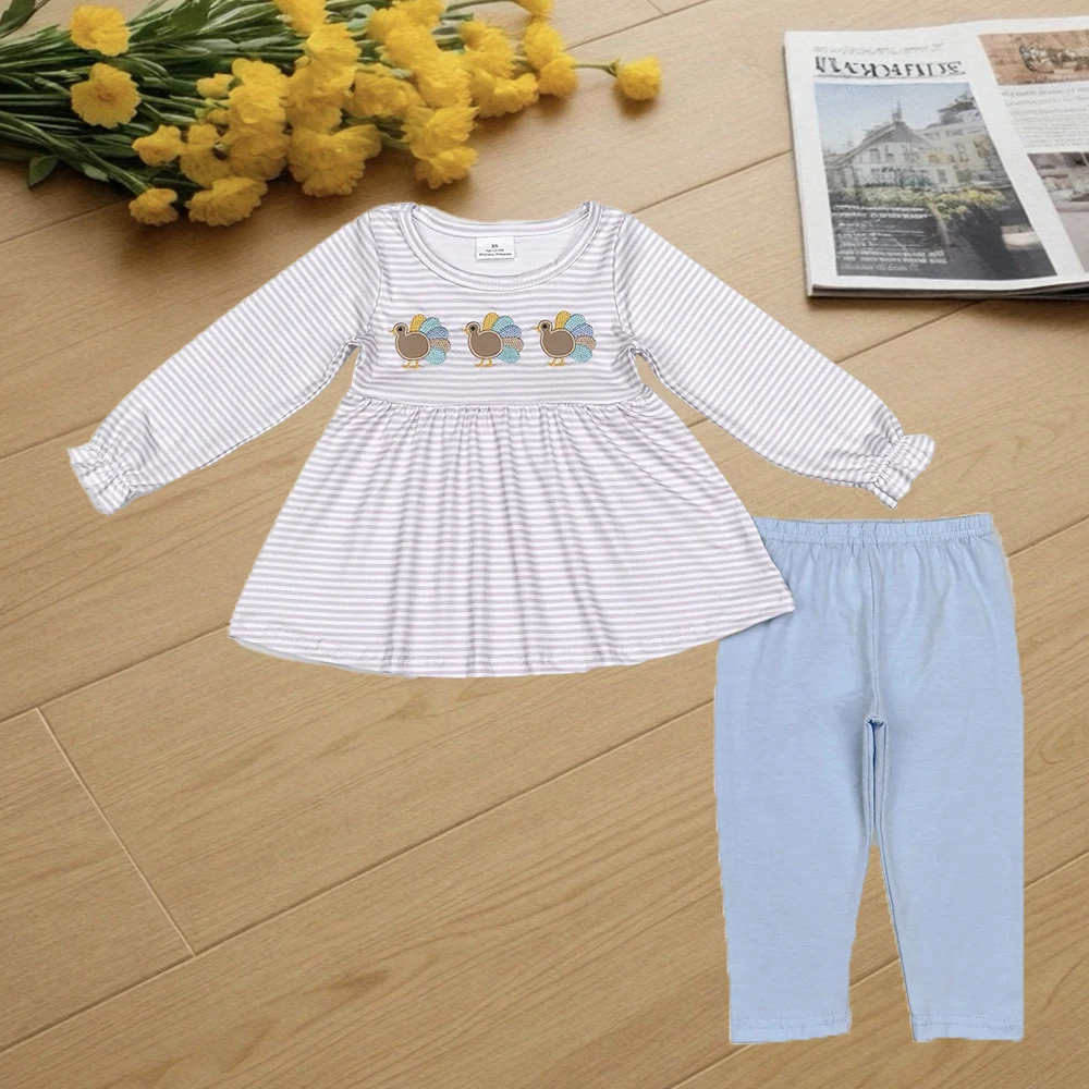 

9.24 Kids Winter Clothes For Girls Baby Girls Stripes Thanksgiving Turkey Tunic Legging Pants Clothes Sets