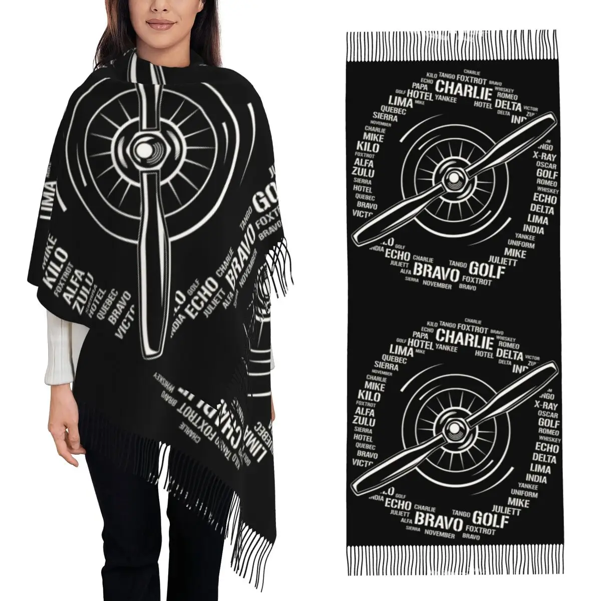 Full Phonetic Pilot Alphabet Plane Propeller Aviation Scarf Tassel Scarves Women Shawls and Wraps Long Fall Winter Shawl Wrap