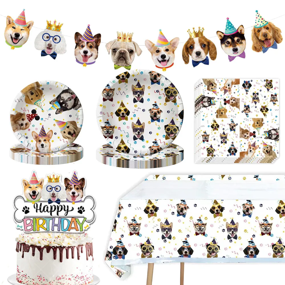 Dog Birthday Party Supplies Puppy Party Decorations Plates Cups Napkins Banner Paws Balloons Table Cover and Cake Topper