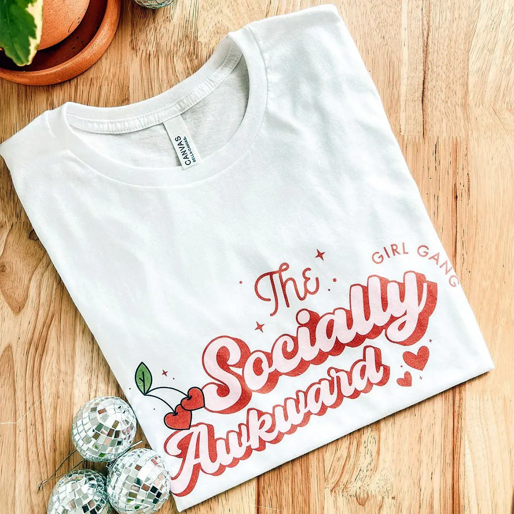 The Socially Awkward Girl Gang Printing T shirts Short Sleeve Women Cherry Tees Loose Cotton Crewneck Summer Casual Outfits