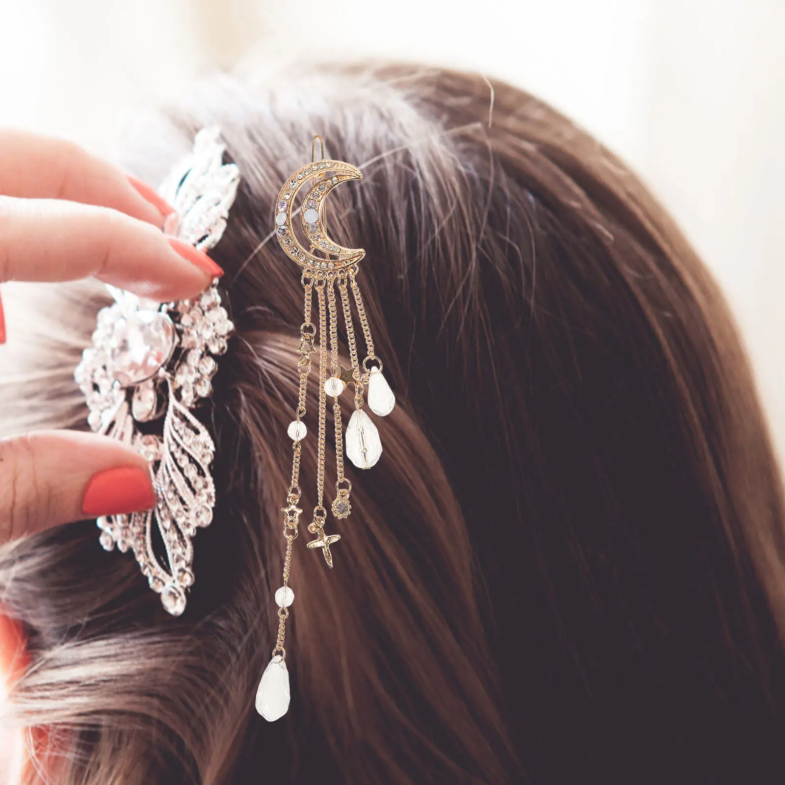 

2pcs Pearl Moon Pendant Barrettes Beautiful Elegant Hair Clips Accessories Party Headwear Hair Pin