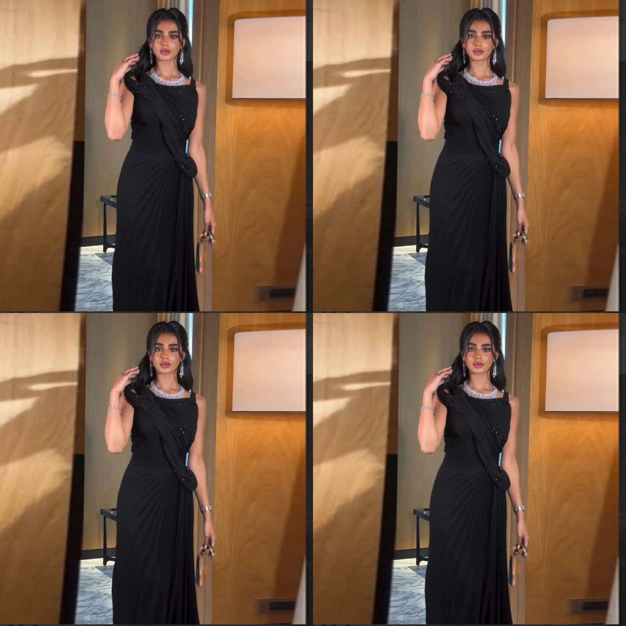 

New Style Spaghetti Straps Chiffon Pleated Straight Evening Gown Backless Floor Length Beaded Saudi Dress for Women