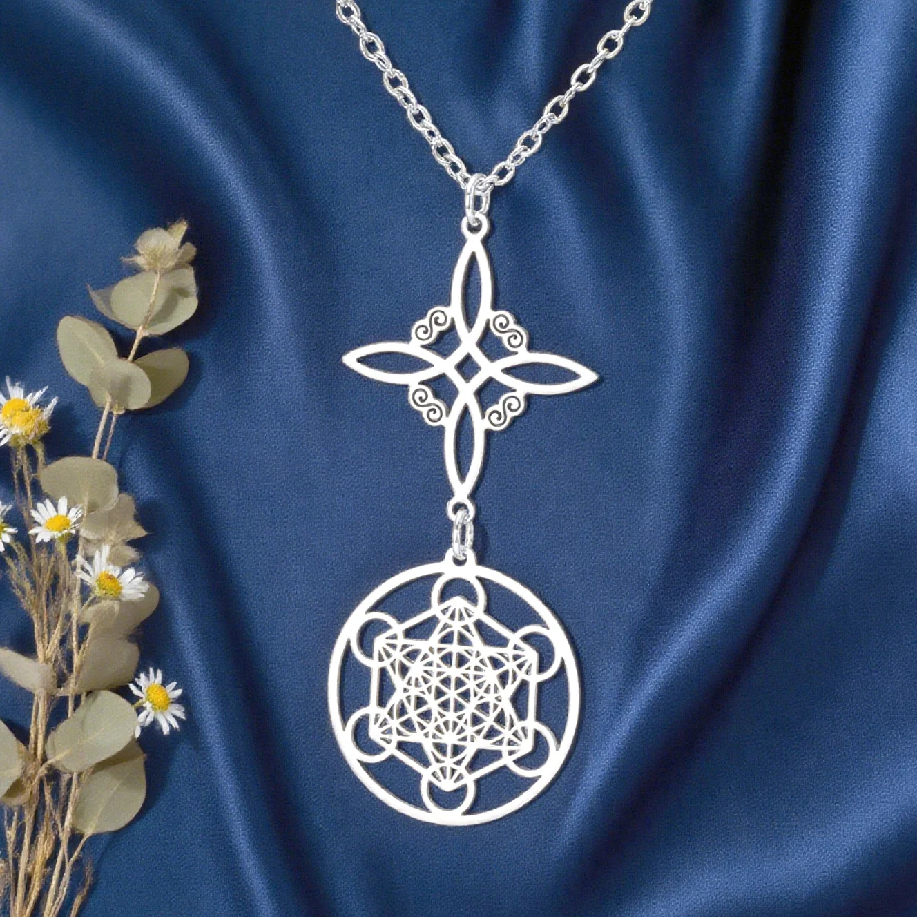 Nudo de bruja y collar colgante Metatron Wicca Protección de buena suerte Talismán de acero inoxidable Joyería espiritual mística Geometría sagrada collar de buena suerte