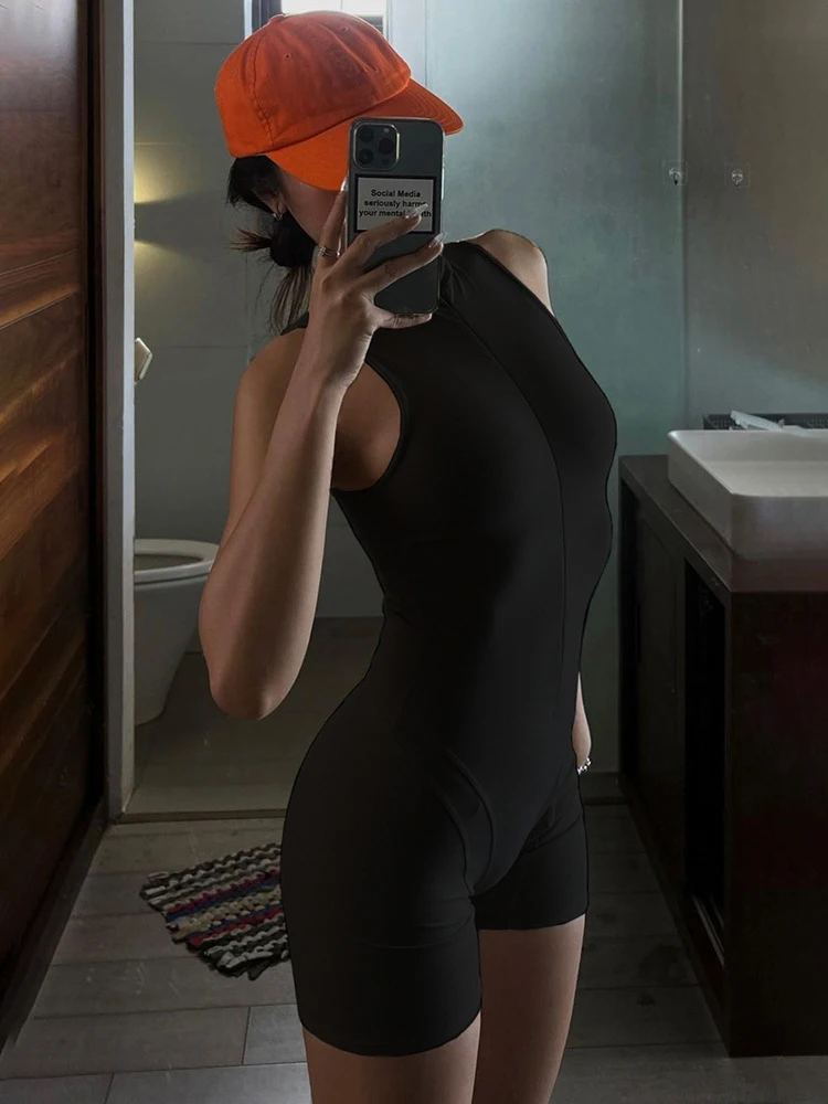 Maillot de bain une pièce noir élastique, sexy, fermeture éclair, col roulé, slim, ensemble bikini, vêtements de plage, été