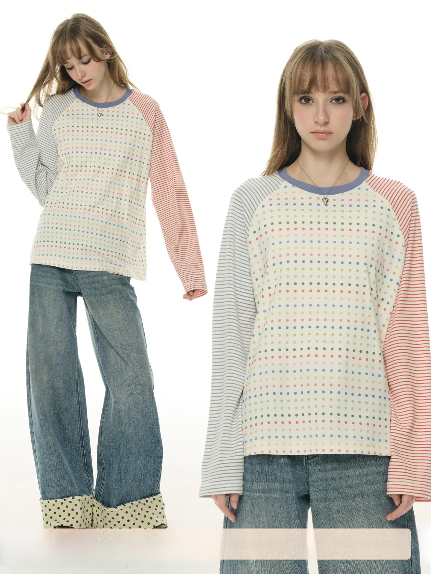 

Женская футболка UNRETRO в горошек с красно-синими цветовыми блоками, круглым вырезом и длинными рукавами, свободный крой, весна-осень, в полоску, индивидуальный дизайн