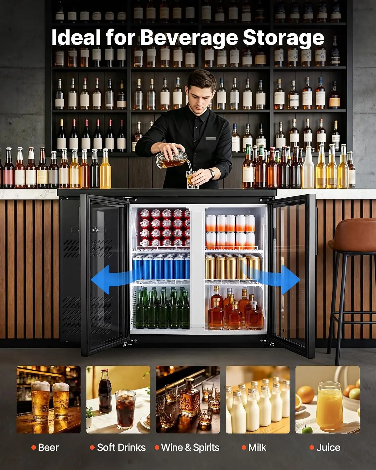 Back Bar Cooler, 11.8 Cu. Ft Counter Height Beverage Refrigerator, Commercial Display Fridge w/ 2 Glass Doors, LED Lighting, She