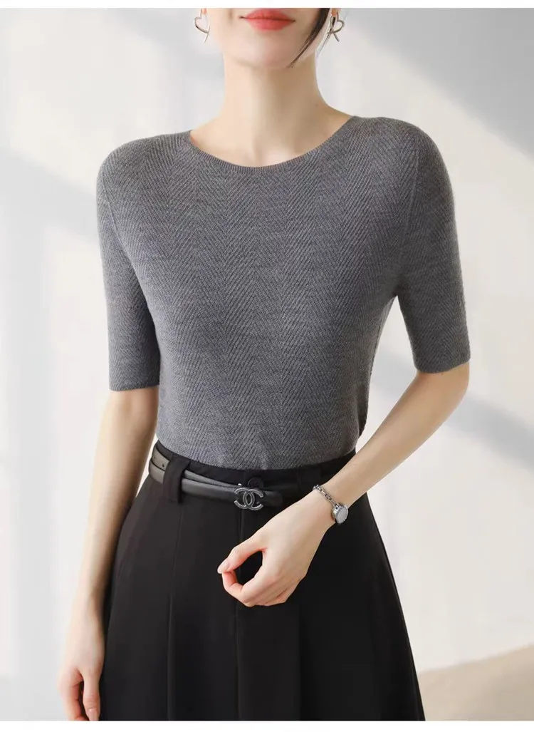 

100% worsted Yangtze yarn wool T-shirt slim fit solid knit pullover sweater short sleeved one neck Tees trendy Tops pull Jumper