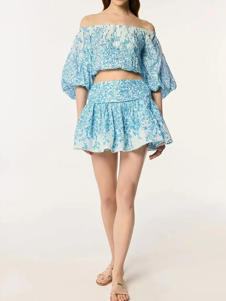 

Retro summer new elegant women's suit one-shoulder navel short-sleeved shirt+high waist mini skirt fashion printing two-piece su
