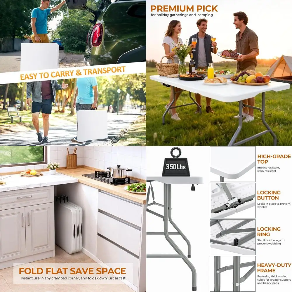 

Сверхмощный складной пластиковый стол на 6 футов с усиленными ножками для мероприятий в помещении и на открытом воздухе, идеально подходит для вечеринок, барбекю, свадеб,