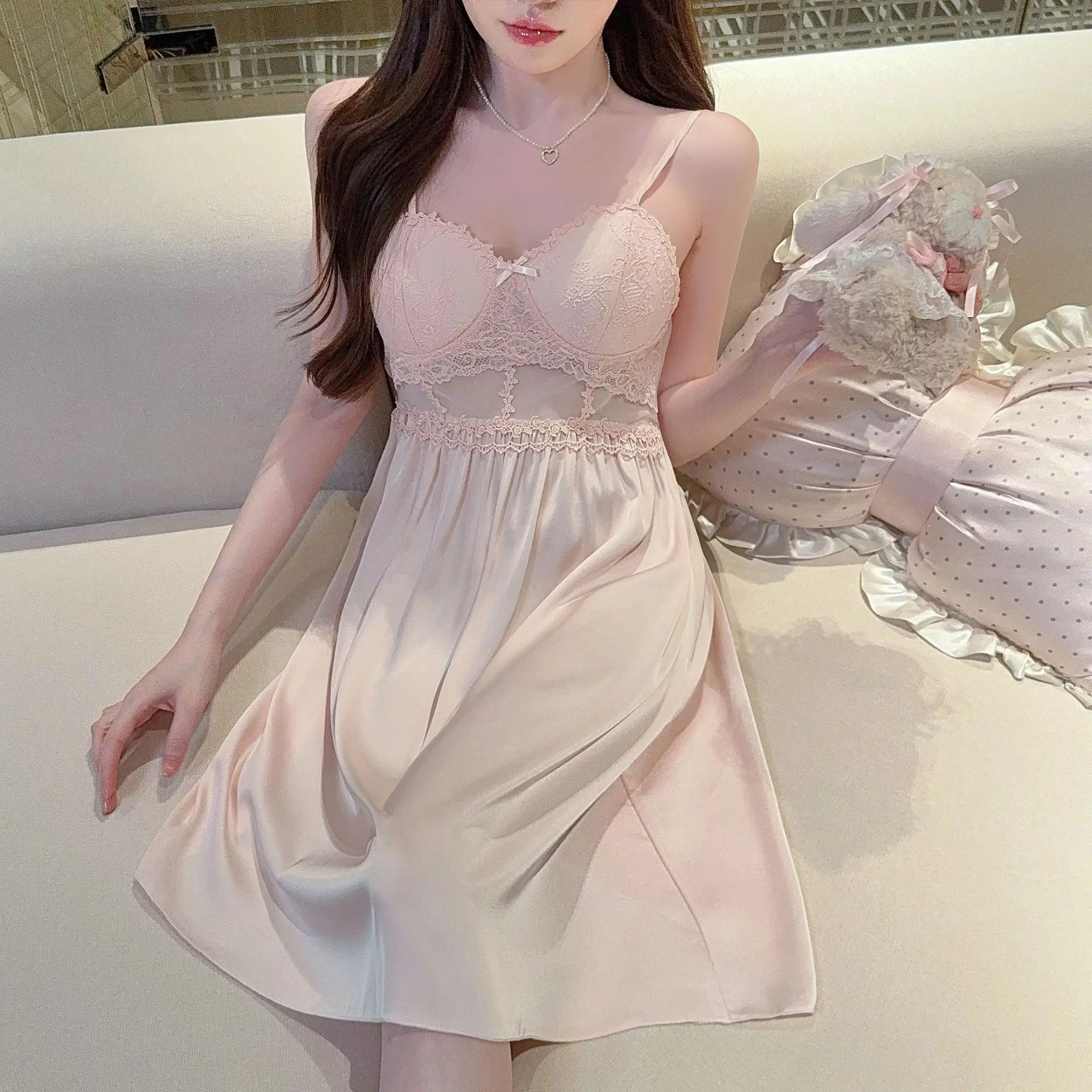 

Ночная сорочка с кружевными бретелями, летняя женская пижама, утренний халат, шелковистая атласная ночнушка, банный халат, домашняя одежда