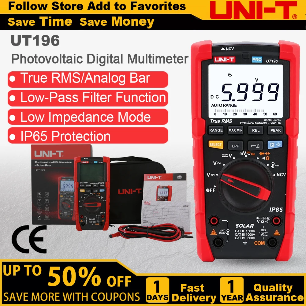 UNI-T UT196 Professional Digital Multimeter 1700V DC Voltage Tester True RMS Capacimeter Resistance Frequency Meter- Solar Pro