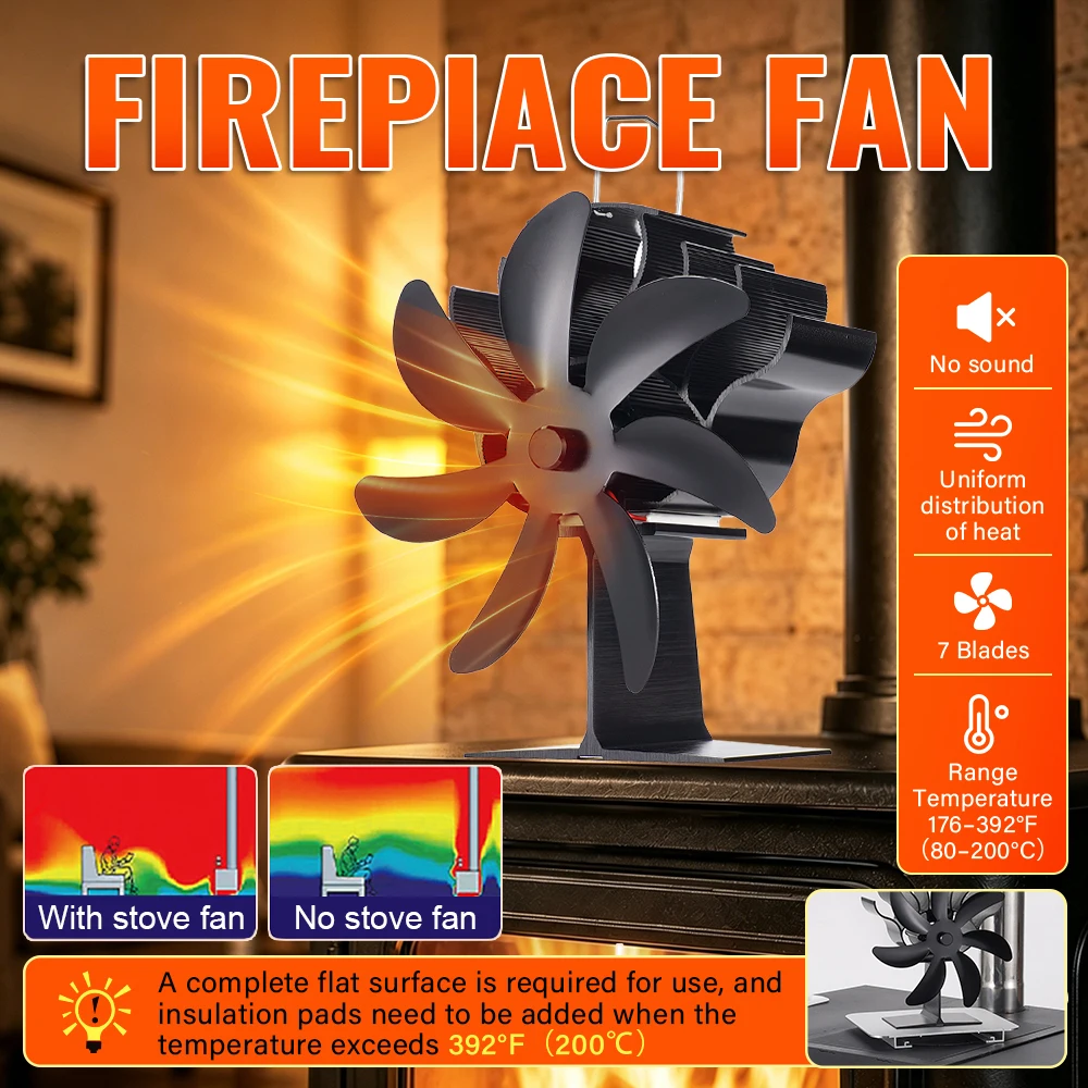7 Blades Heat Powered Stove Fan Log Wood Burner Eco-fan Quiet Fireplace Fan Winter Warm Home Heater Efficient Heat Distribution