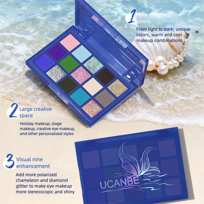 Ucanbe 15-Color Eyeshadow Palette Mermaid Tears Deep Sea Blue Green Polarized Diamond Shimmer Cool Tone for Stage Play Makeup