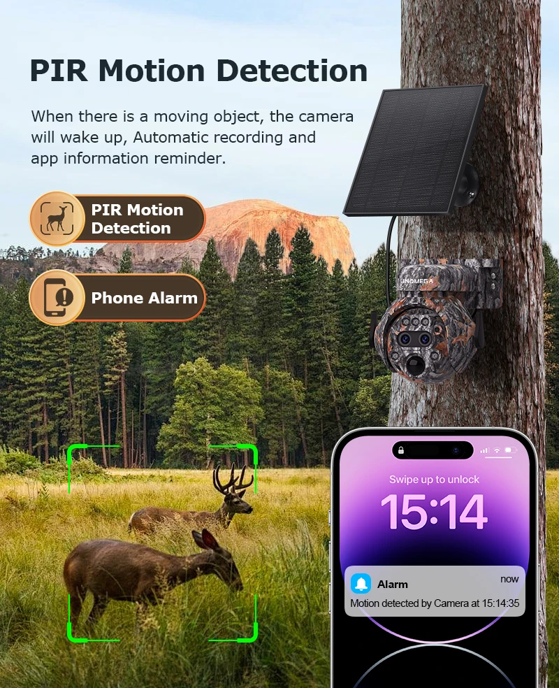 كاميرا INQMEGA 12X ZOOM 4K 8MP تعمل بالطاقة الشمسية بعدسة مزدوجة 4G 360 °   عرض كاميرا الصيد الخارجية الملونة المموهة ببطارية Ubox بقدرة 7800 مللي أمبير في الساعة