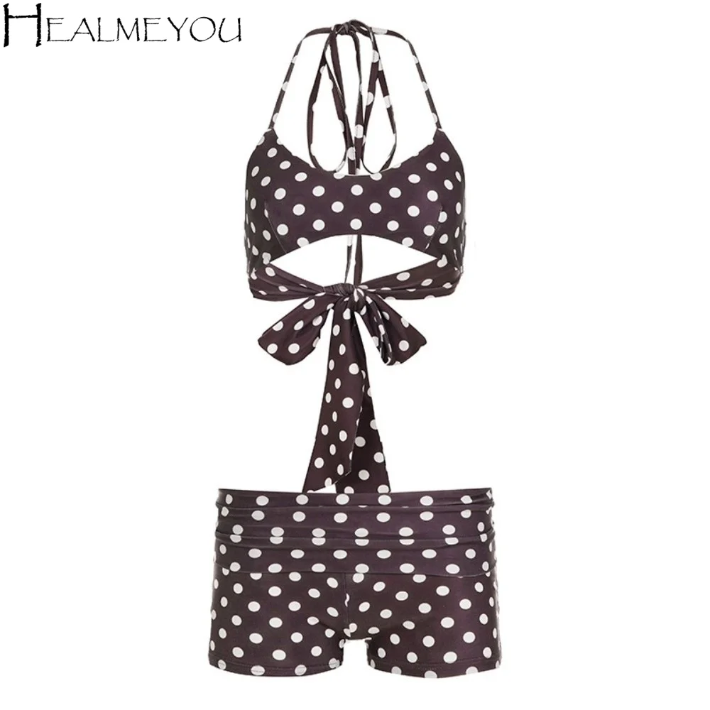 

Пляжный комплект: купальник-бикини с лямками через шею, шорты-боксеры, кружевной пояс, облегающий купальник с рюшами и принтом в горошек, для стильных девушек