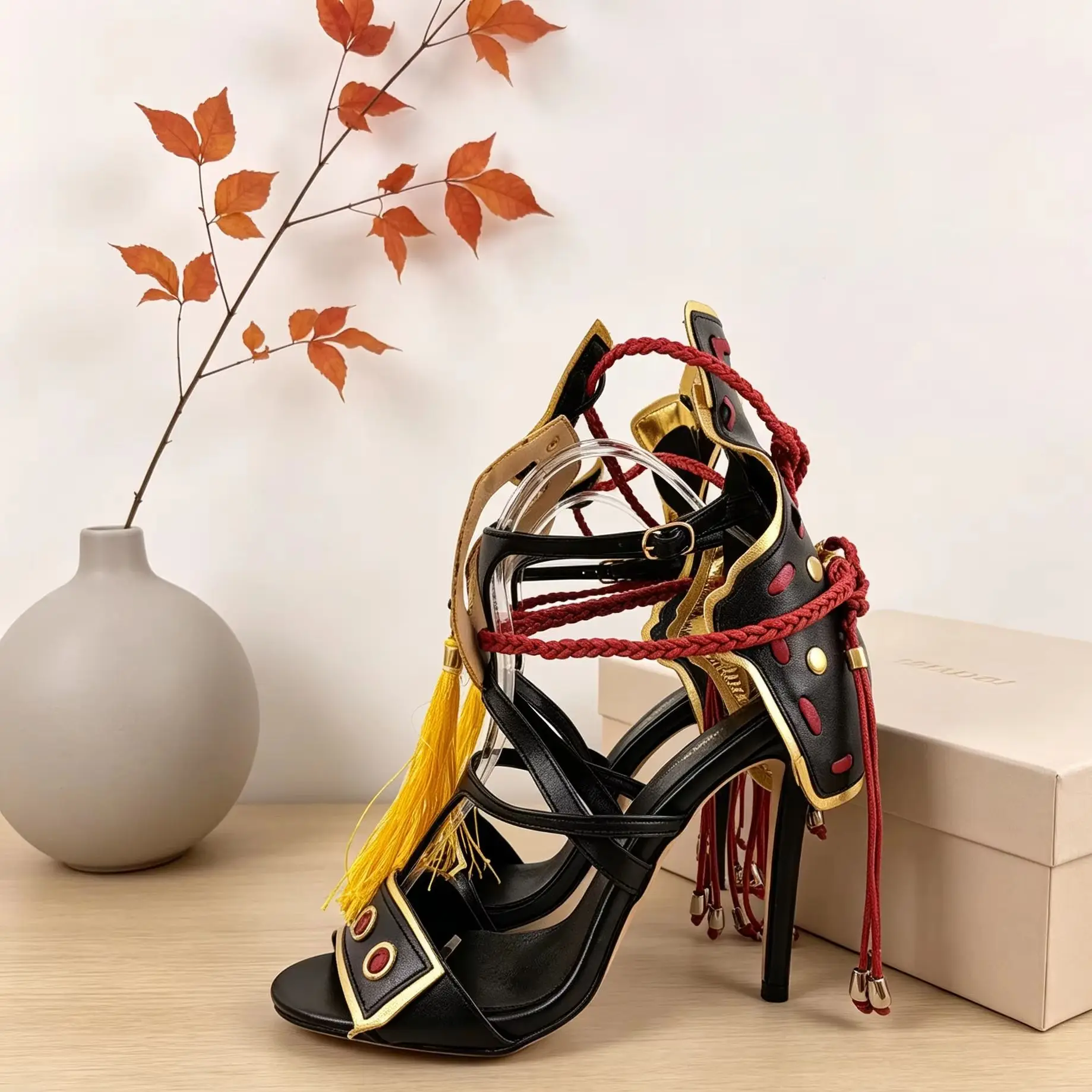 Black PU Leather Gold Red Accent Tassel Fringe Open Toe Lace Up Ankle Strap Thin Stiletto High Heels Pumps Women Sandals Shoes