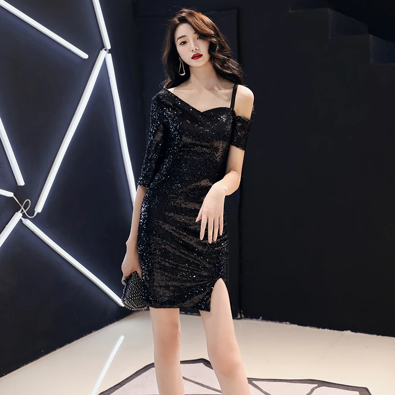 

Ele ort Bla Evening Gown Sexy Chic Par Dr Korean Sle mid Waist Zipper Design Five Sve Sequin Embellied Women