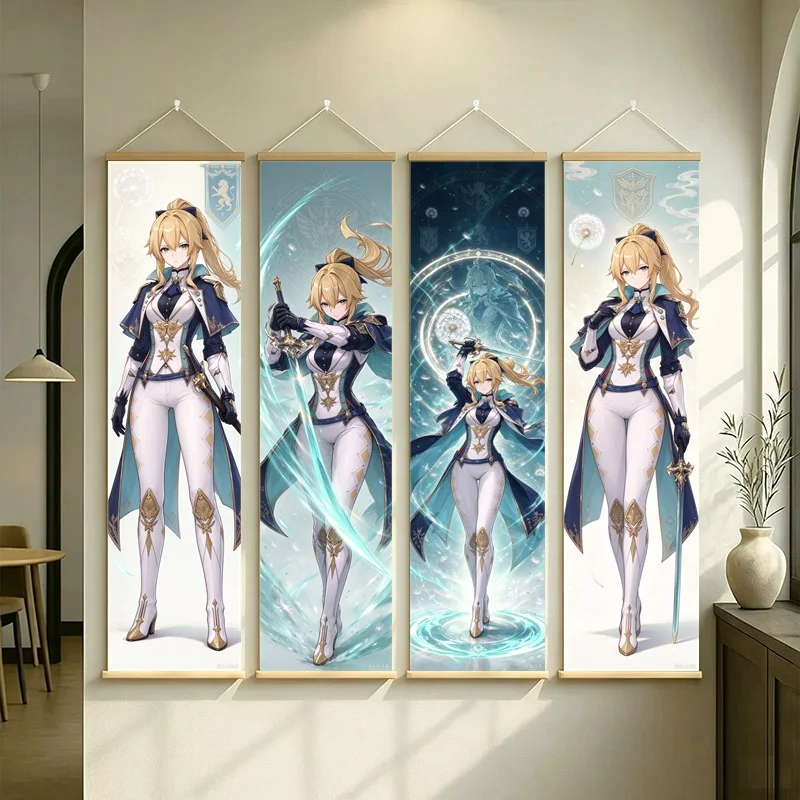 Hanging Scroll Wall Art of Genshin Impact Jean with Flowing Teal Wind Motifs on Silver Shimmer Canvas for an Anime Bedroom