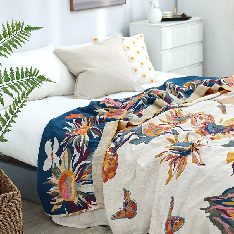 Birds Flower Cotton Towel Blanket, Double-sided Jacquard, Sofa Bedspread, Pillow Towel, 200*230, 150*200