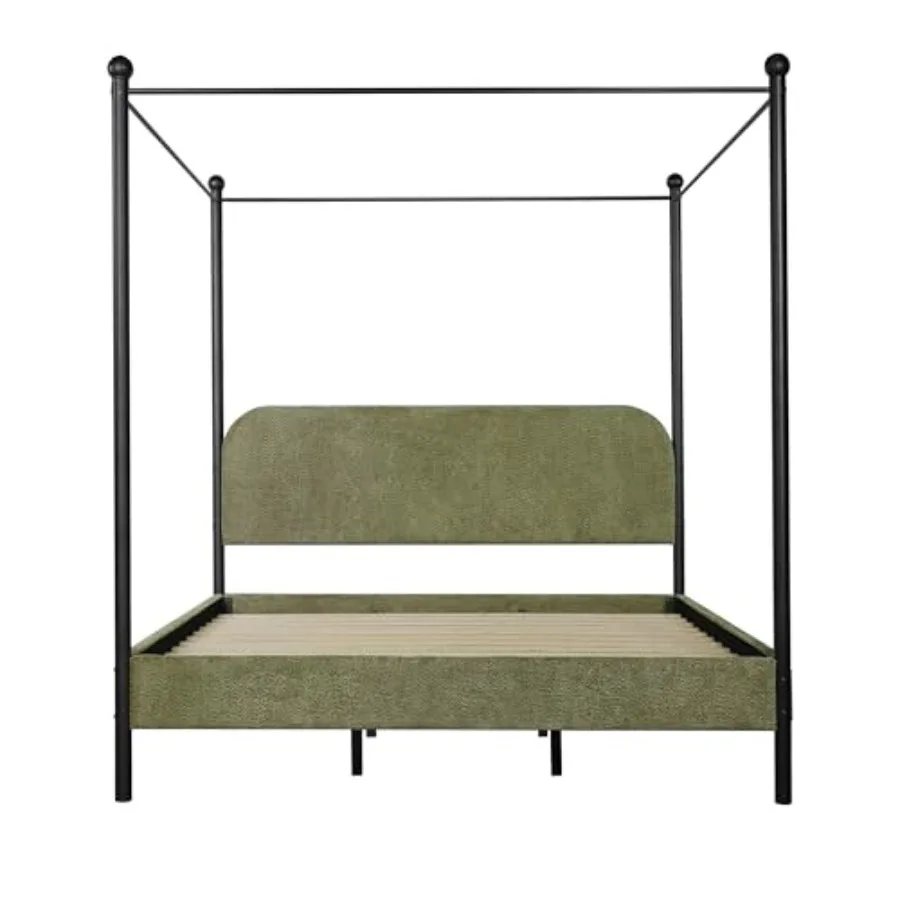 King Size Upholstered Canopy Bed Frame with Boucle Fabric, Curved Headboard and Iron Legs, Modern Platform Bed Frame with Slats view 5