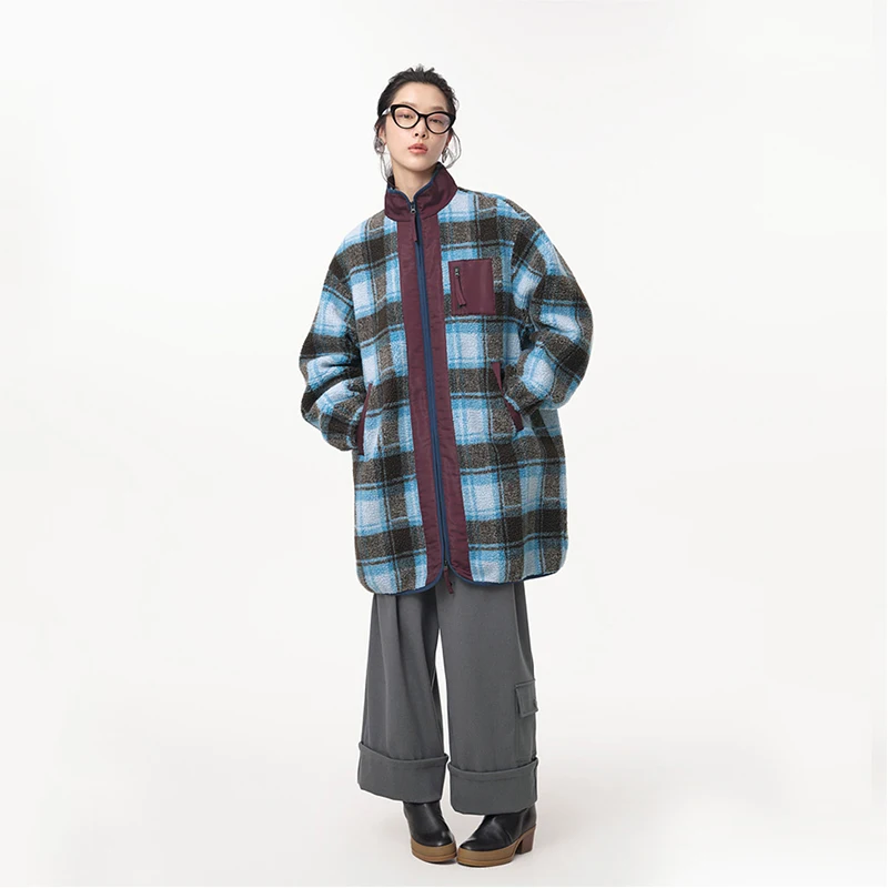 MOVEUP Commuting Long Sleeved High Neck Jacket Autumn Color Blocking Plaid Zipper Pocket Plush Warm Jacket For Women 324310704