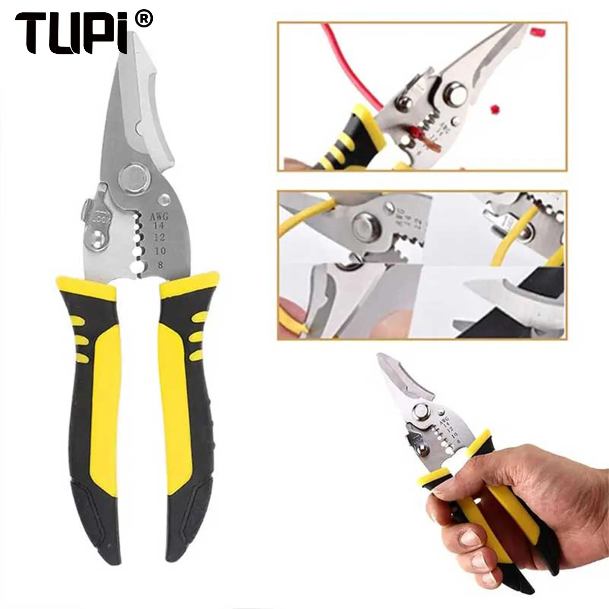 TUPI Pro Electrician Pliers 3 in 1 Wire Cutter Crimper Stripper Ergonomic Grip Multi Tool for Electrical Work Professional