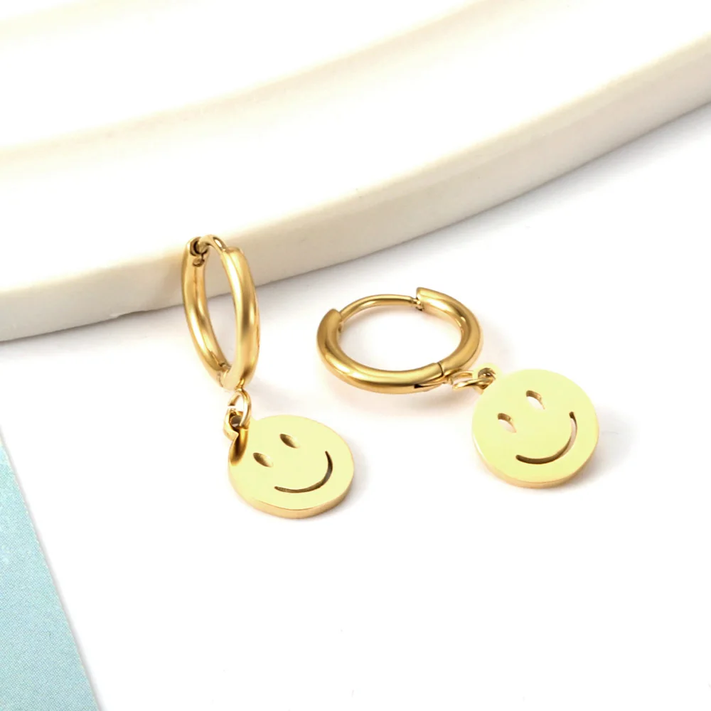 LUXUKISSKIDS Punk Smile Face Gold/Steel Color Drop Earrings Simple Hiphop Round Pendients Fashion Clips For Man/Woman/Girls