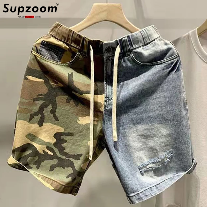 

Supzoom 2023 New Arrival Hot Sale Ulzzang Summer Pattern Length Zipper Fly Stonewashed Camouflage Patchwork Jeans Shorts Men