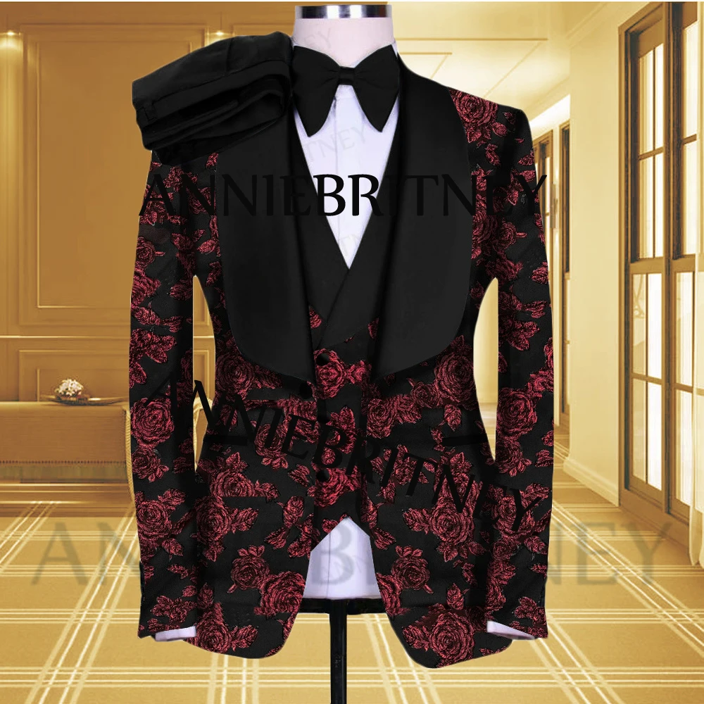 2022 Slim Fit Luxury Red Jacquard Suits Men For Wedding Party Black Shawl Lapel 3 Piece Ropa Hombre Formal Prom Evening Tuxudo