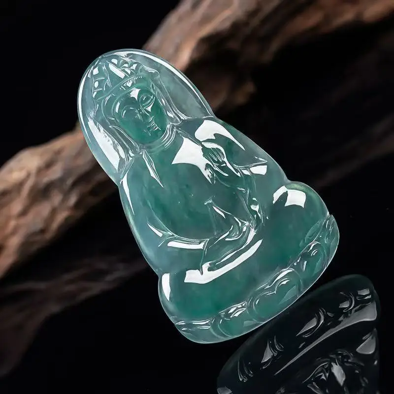 Natural Burmese Jadeite A-grade Blue Water Guanyin Pendant for Men and Women