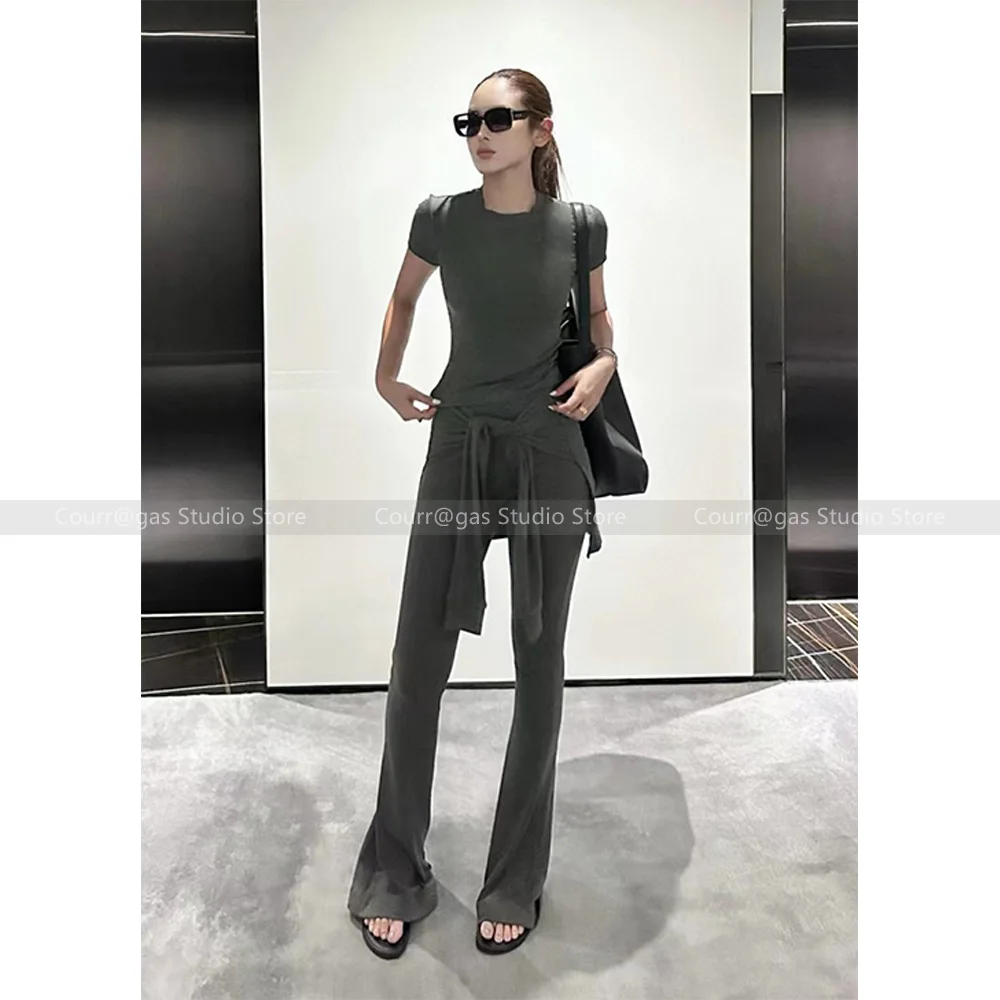 

Niche design round neck stretch T-shirt tie micro casual trousers fashion suit women 2024 early autumn new