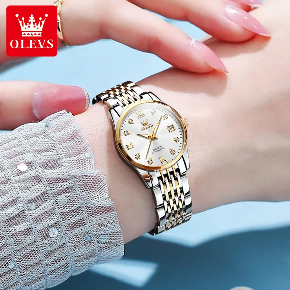 OLEVS 6673 zegarek mechaniczny okrągły zegarek ze stali nierdzewnej świecący kalendarz