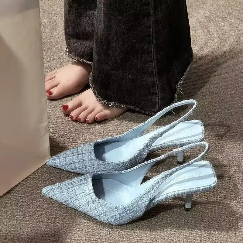 Summer Women Elegant Knit Pointed Toe Platform Stiletto Sandals Soft Non Slip Large Size Evening Party Dating Shoes