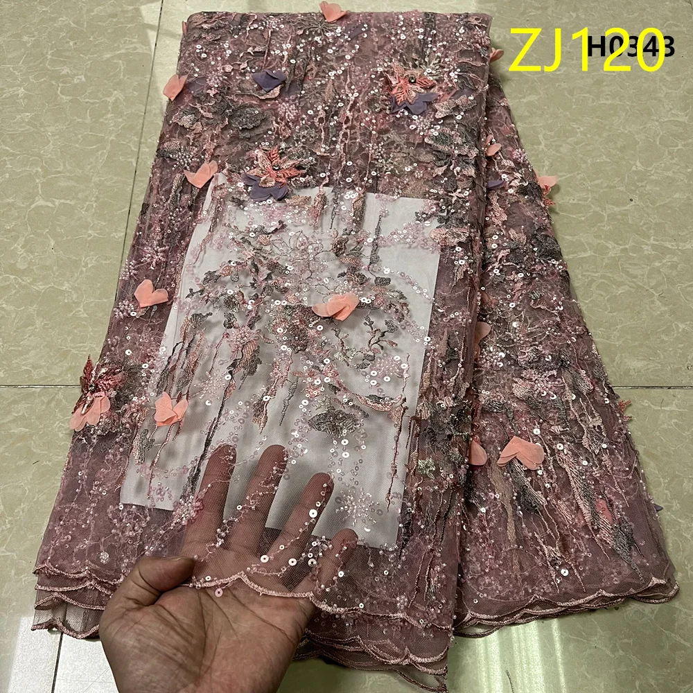 

African Nigerian Sequins Embroidery Tulle Lace Fabric, Sewing , Beads Stone Prom Dresses, High Quality, 5Yards, 2026 ZJ120