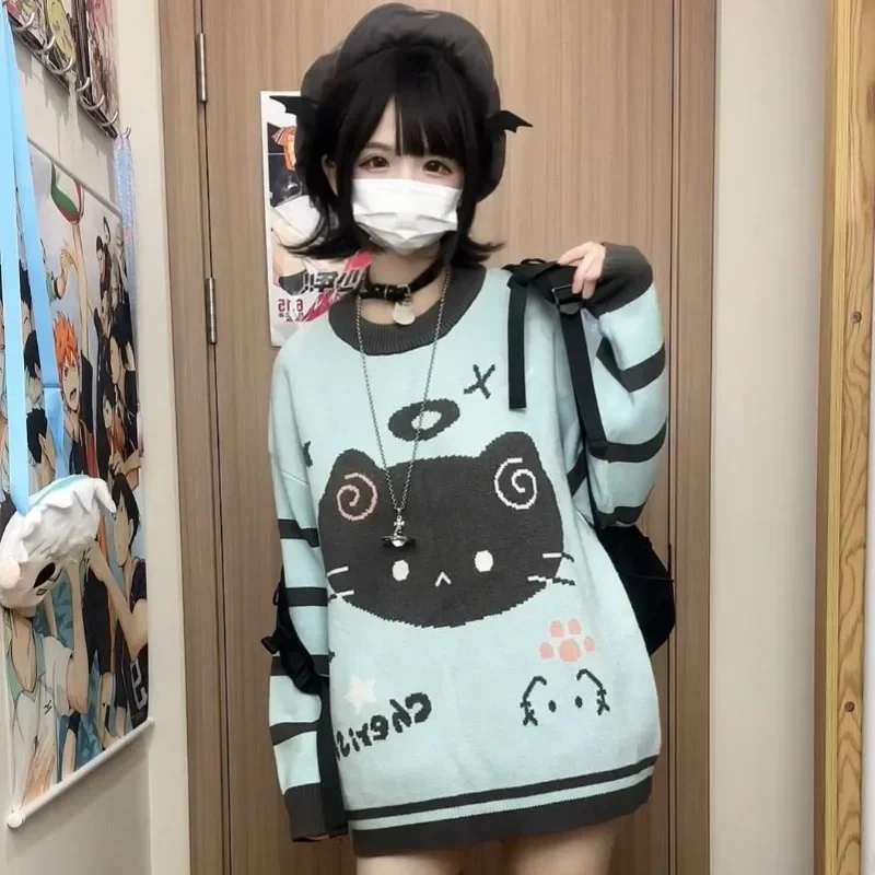 Y2k Striped Kawaii Women Sweaters Cartoon Embroidery Harajuku Japanese Fashion Knit Pullovers Loose Cute Winter 2 Y2k Striped Kawaii Women Sweaters Cartoon Embroidery Harajuku Japanese Fashion Knit Pullovers Loose Cute Winter 2