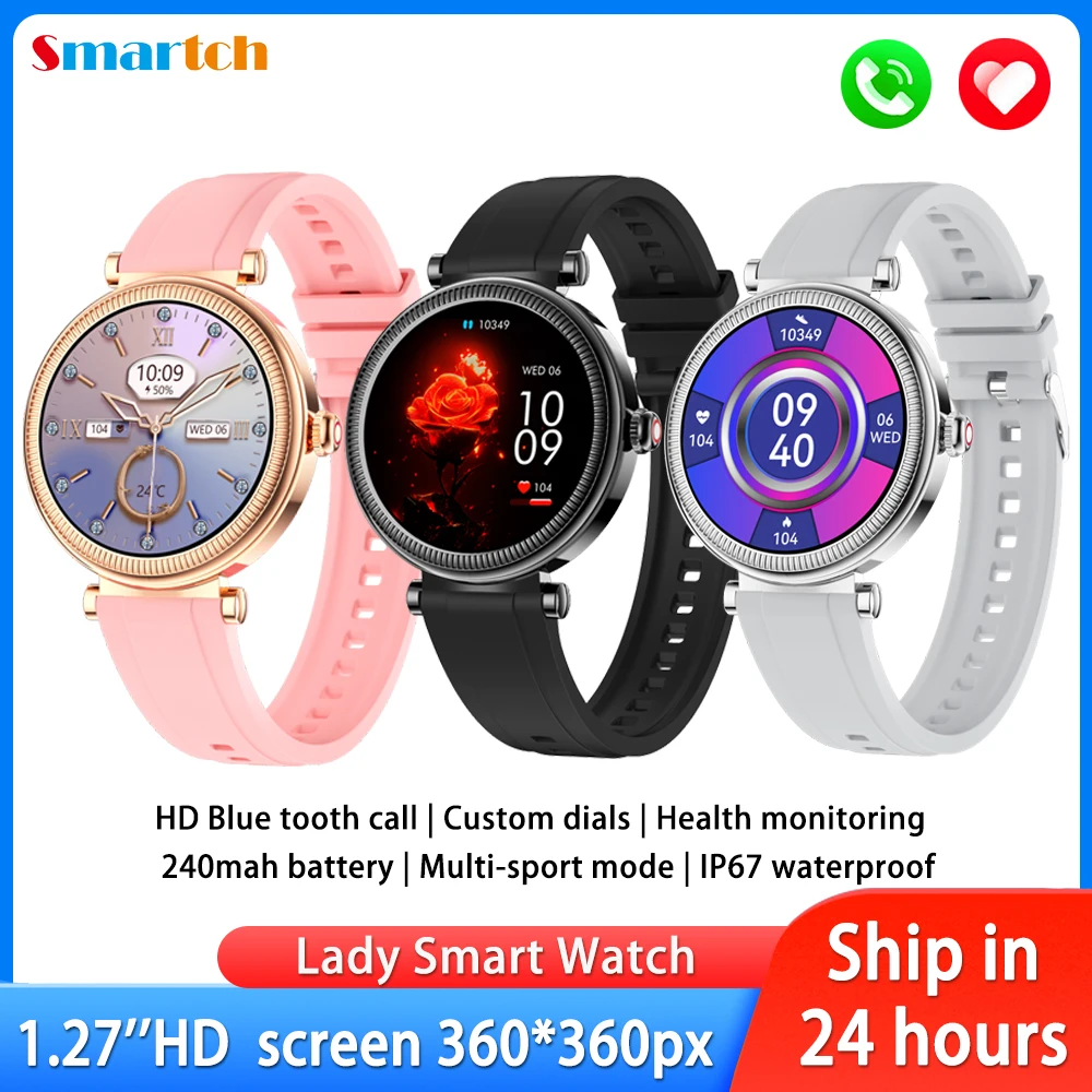 Smartwatch impermeável para mulheres, 1.27 ", chamada de dente azul, freqüência cardíaca, saúde, esportes, luz colorida, música, assistente de voz, senhora