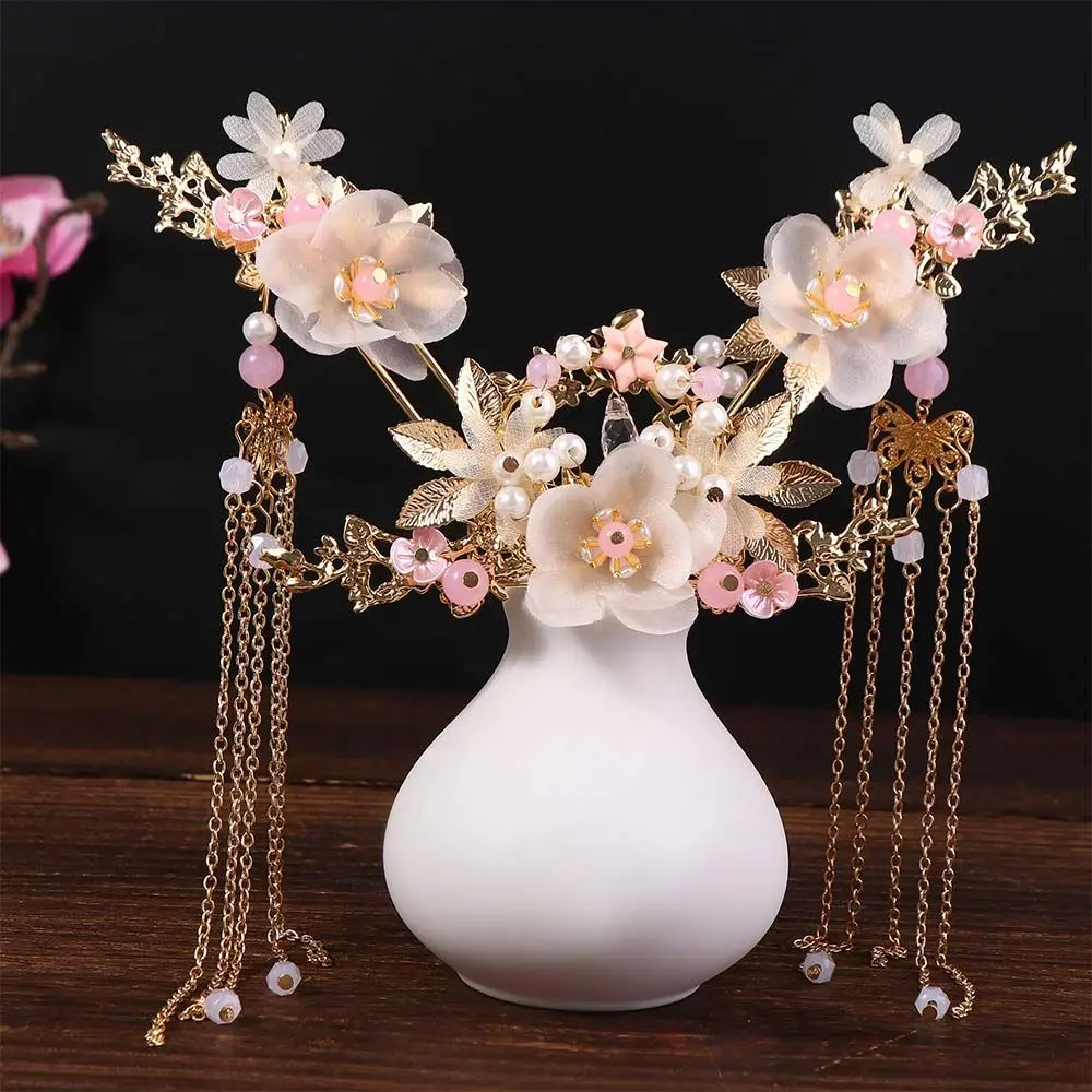 

Hairpins Headpiece Flower Crystal Fashion Handmade Long Headwear Sets Hanfu Hair Stick Earrings Hair Comb