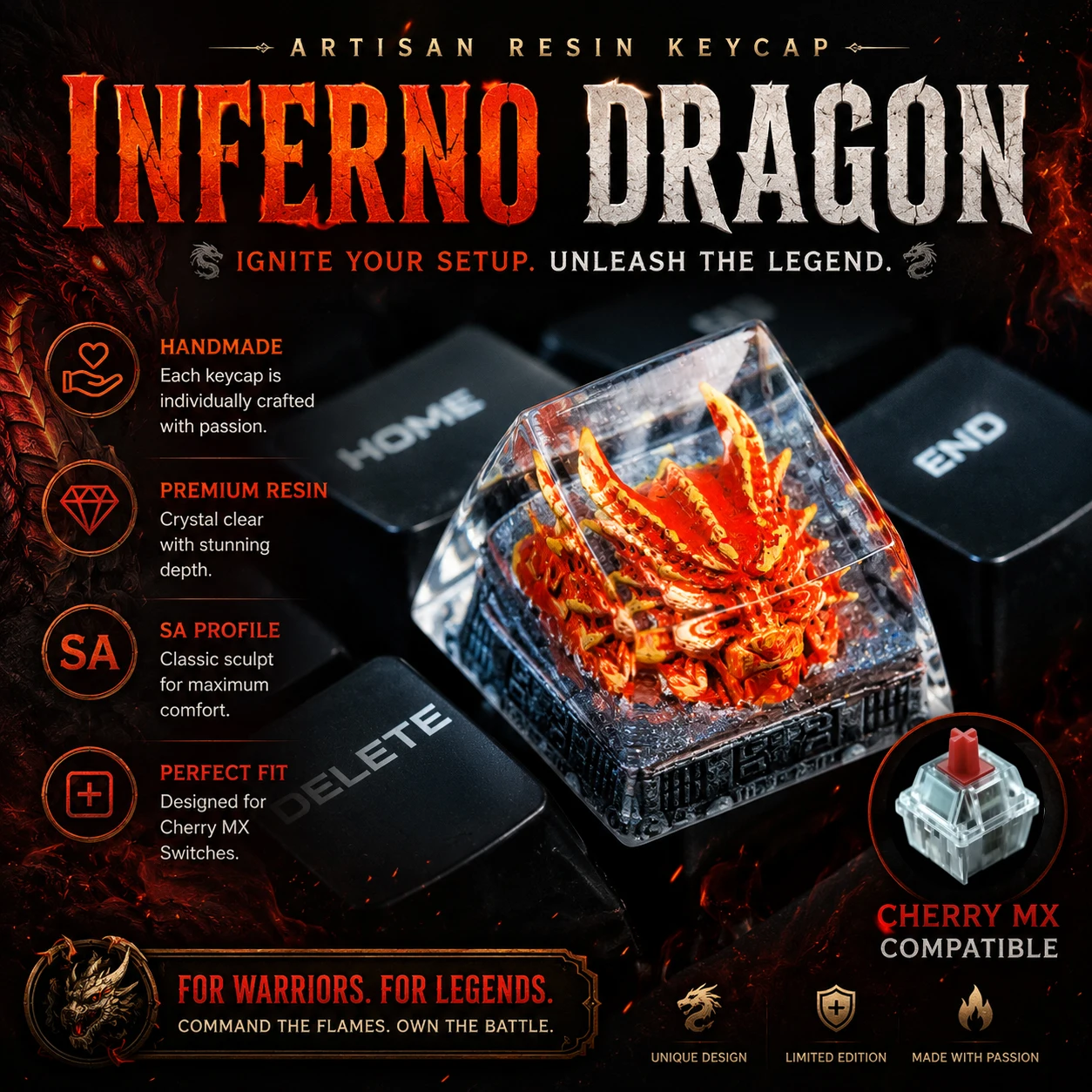 

Handmade Resin Inferno Fire Dragon Artisan ESC Keycap ESC SA Profile for Cherry MX Mechanical Keyboard