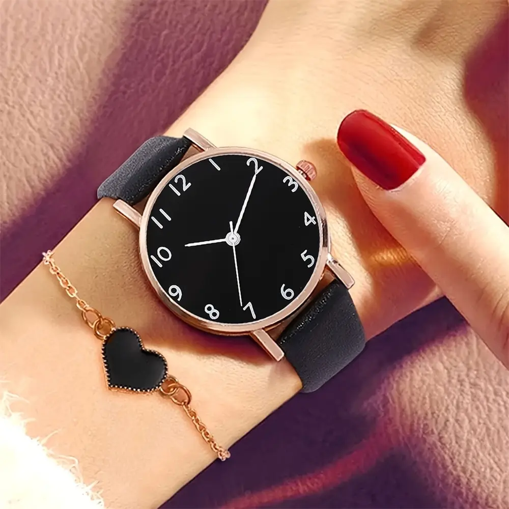 2pcs Set New Watch Women Fashion Casual Leather Belt Watches Simple Ladies Round Dial Quartz Wristwatches Dress Clock