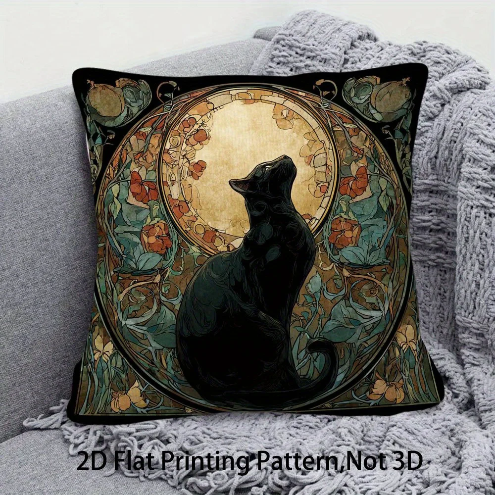 Art Nouveau Black Cat Vintage Floral Moon Throw Pillow Cover - Decorative Home Decorative Case