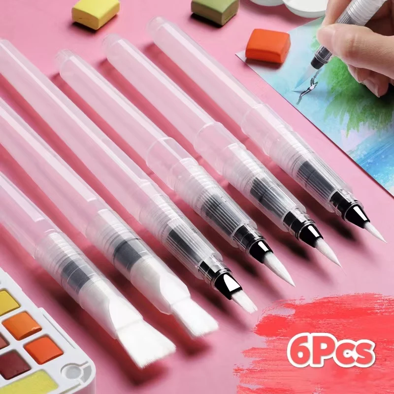 6Pcs Watercolor Brush Pens Set Water Soluble Refillable Colored Paint Portable Brush For Beginners Painting Drawing Art Supplies