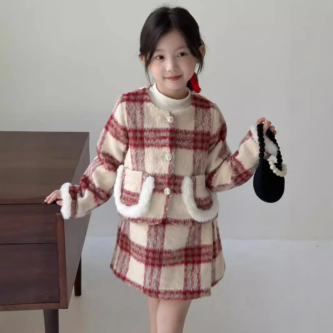 Girls Suits 2024 Winter Girls Wool Pocket Coat Skirt Female Treasure Temperament Red Check Two-piece Set Korean Simple Style image 4