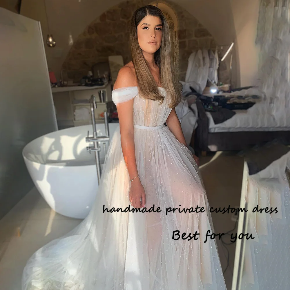 

White Pearls Tulle Off Shoulder Wedding Dresses A Line Long Wedding Bridal Gowns Women Evenig Party Dress Customized