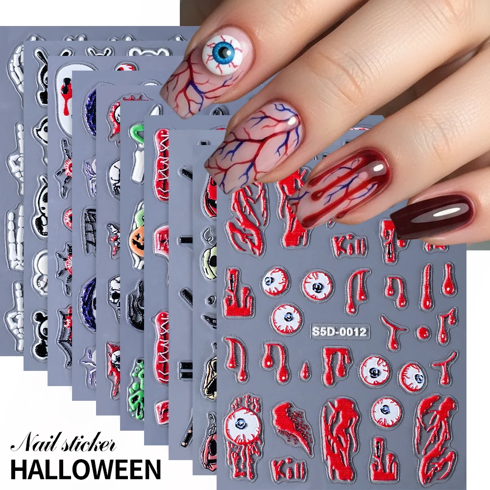 1pc 5D レリーフハロウィンネイルアートステッカー不気味なスケルトンハンドカボチャ悪魔の目デザイン DIY 粘着スライダーデカール装飾