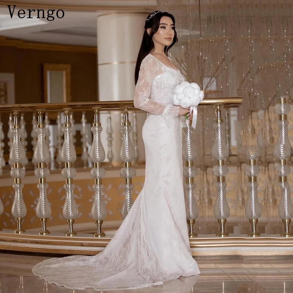 

Verngo lvory Sequined Lace Wedding Dress Square Collar Mernmaid Bride Dresses Women Elegant Sweap Train Bridal Gowns Customized