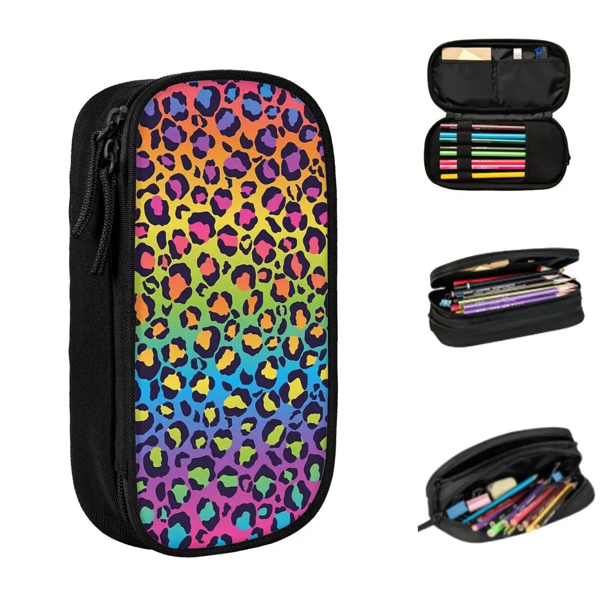 

Bright Rainbow Ombre Gradient Leopard Print Pattern Pencil Cases Big Capacity Pen Bags Pen Box Pencil Pouch For Boys Girls