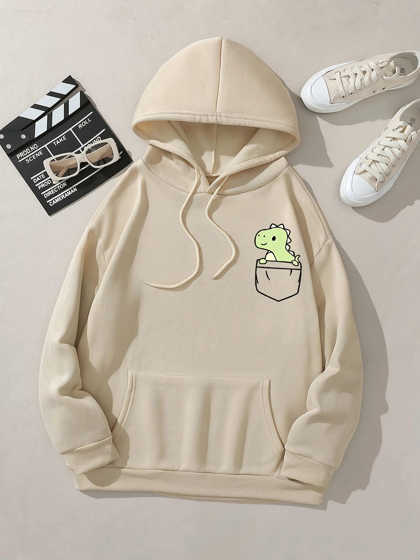 2025 Otoño e Invierno lindo pequeño dinosaurio patrón impreso sudaderas con capucha cuello redondo manga larga Casual ropa de mujer